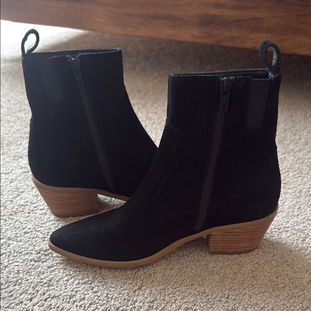 Sleek Black Ankle Booties with Tan Block Heel